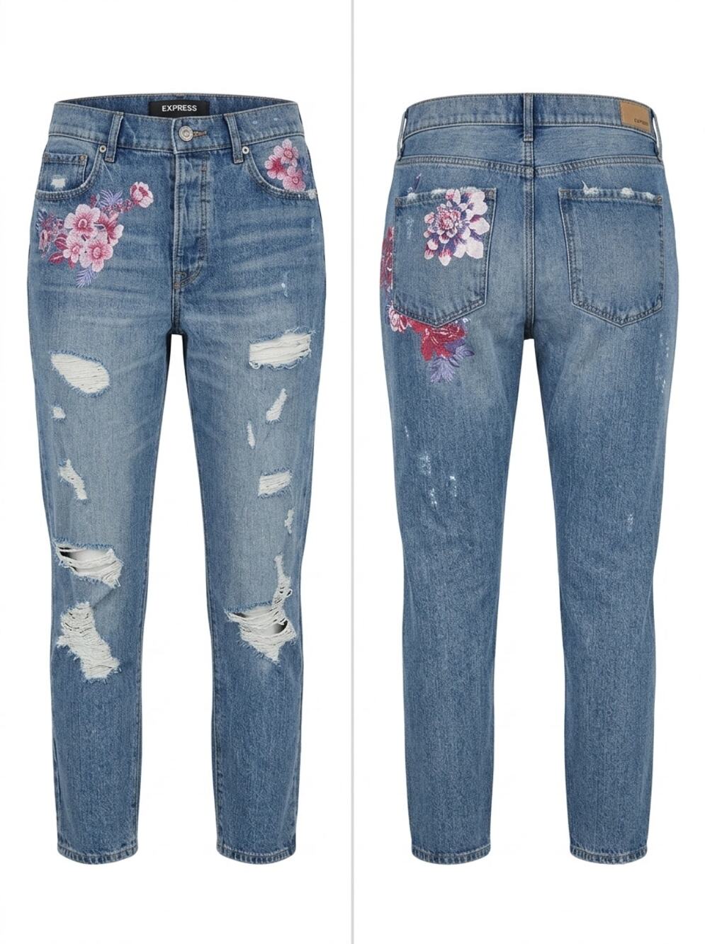 Express Floral Embroidered Distressed Ripped Jeans Women See Measurements
